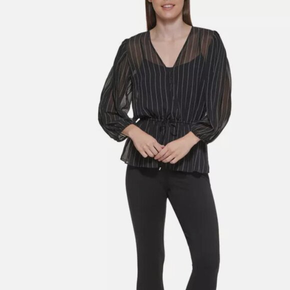 DKNY Black Striped Peplum Sheer Blouse Medium - Picture 9 of 9